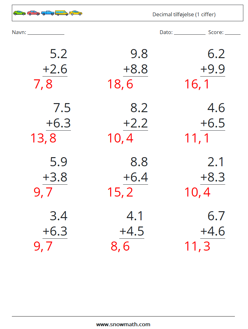 (12) Decimal tilføjelse (1 ciffer) Matematiske regneark 6 Spørgsmål, svar