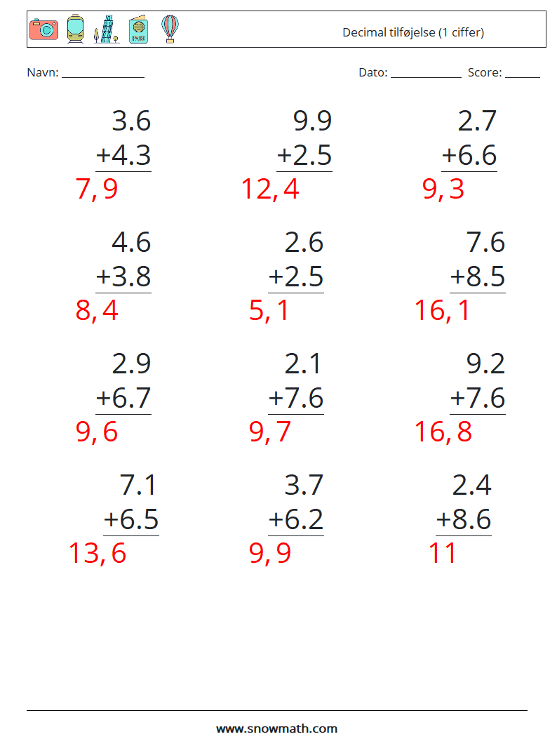 (12) Decimal tilføjelse (1 ciffer) Matematiske regneark 7 Spørgsmål, svar