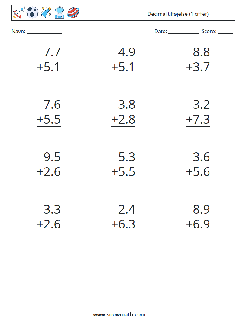 (12) Decimal tilføjelse (1 ciffer) Matematiske regneark 8