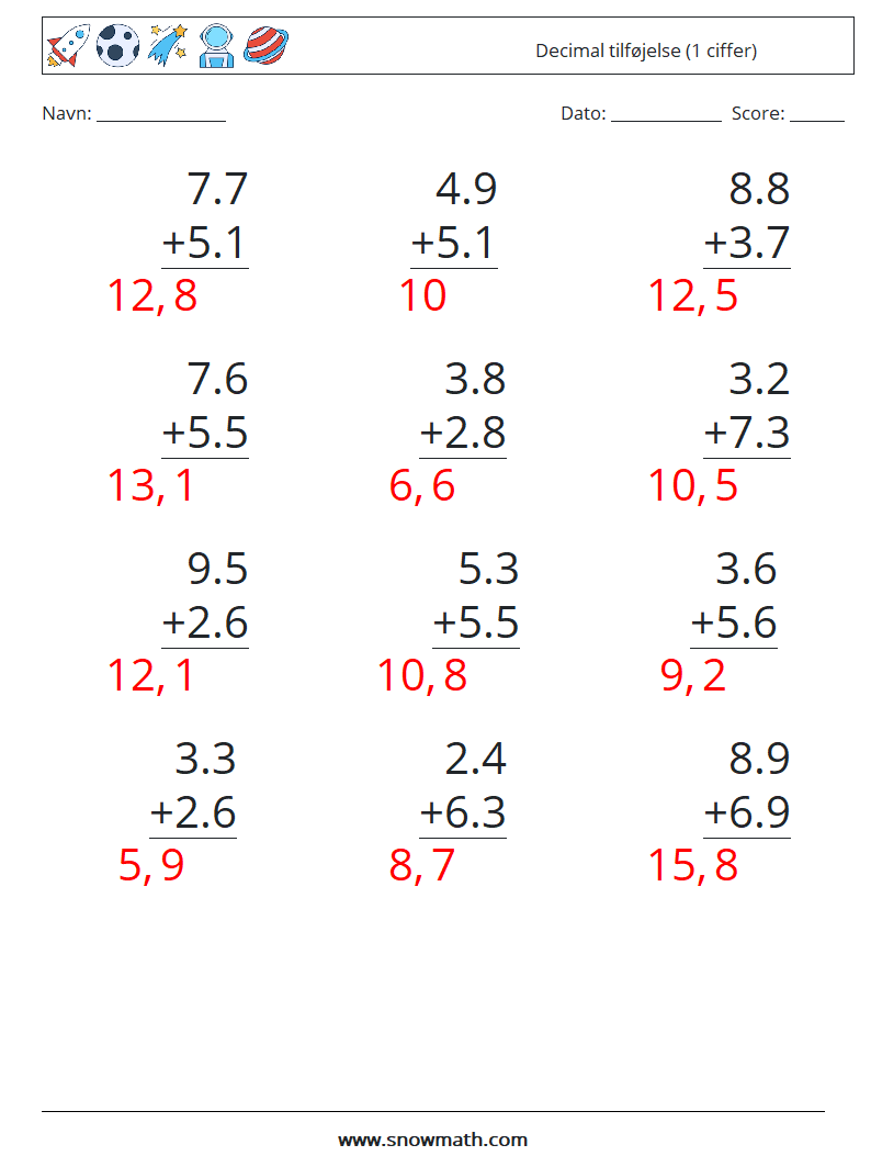 (12) Decimal tilføjelse (1 ciffer) Matematiske regneark 8 Spørgsmål, svar