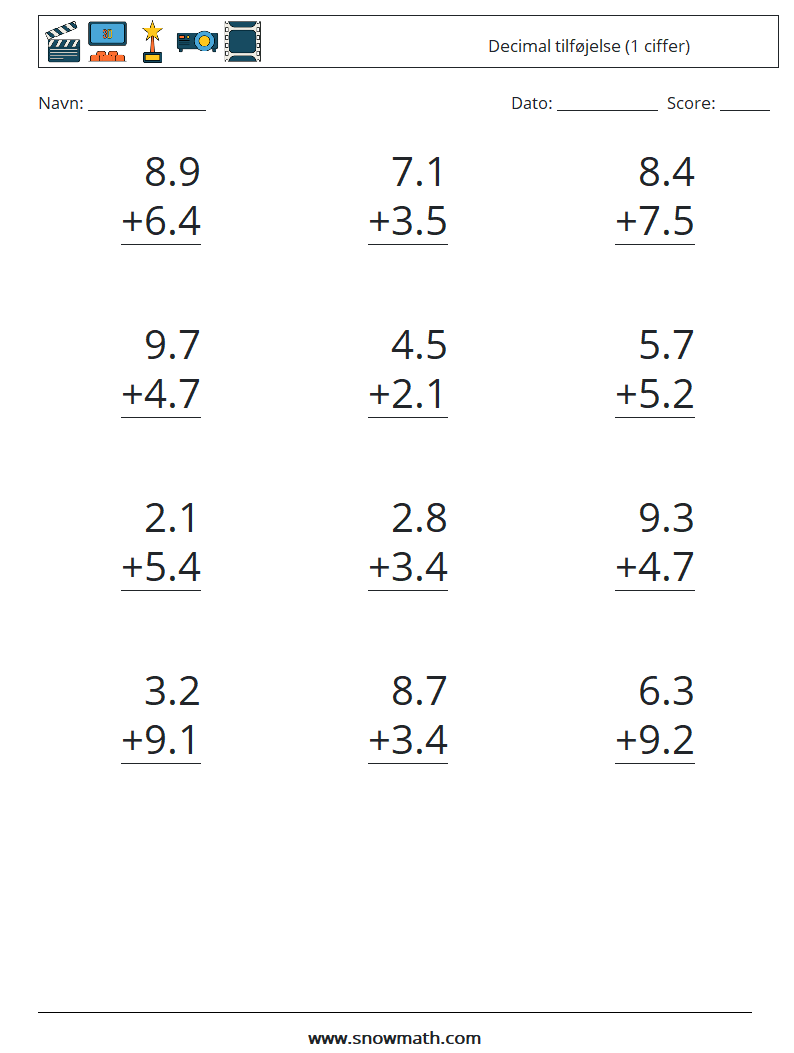 (12) Decimal tilføjelse (1 ciffer) Matematiske regneark 9