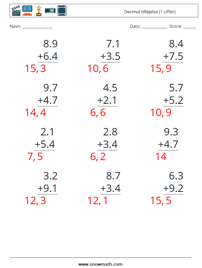 (12) Decimal tilføjelse (1 ciffer) Matematiske regneark 9 Spørgsmål, svar