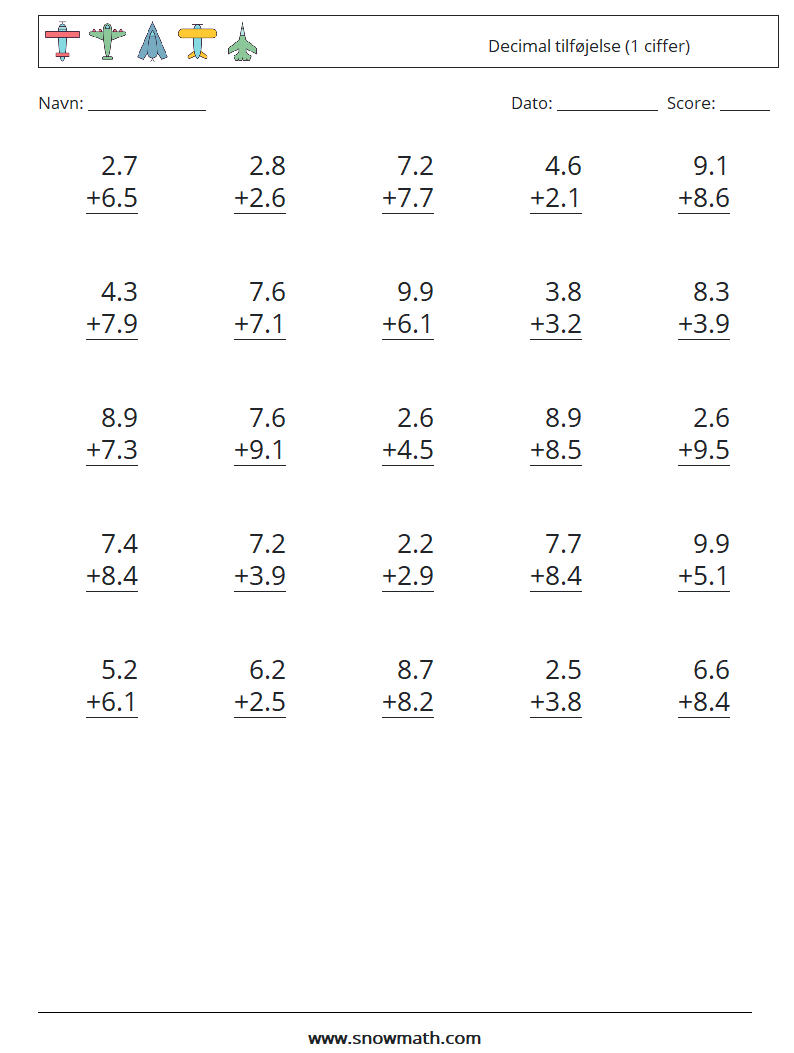 (25) Decimal tilføjelse (1 ciffer) Matematiske regneark 1