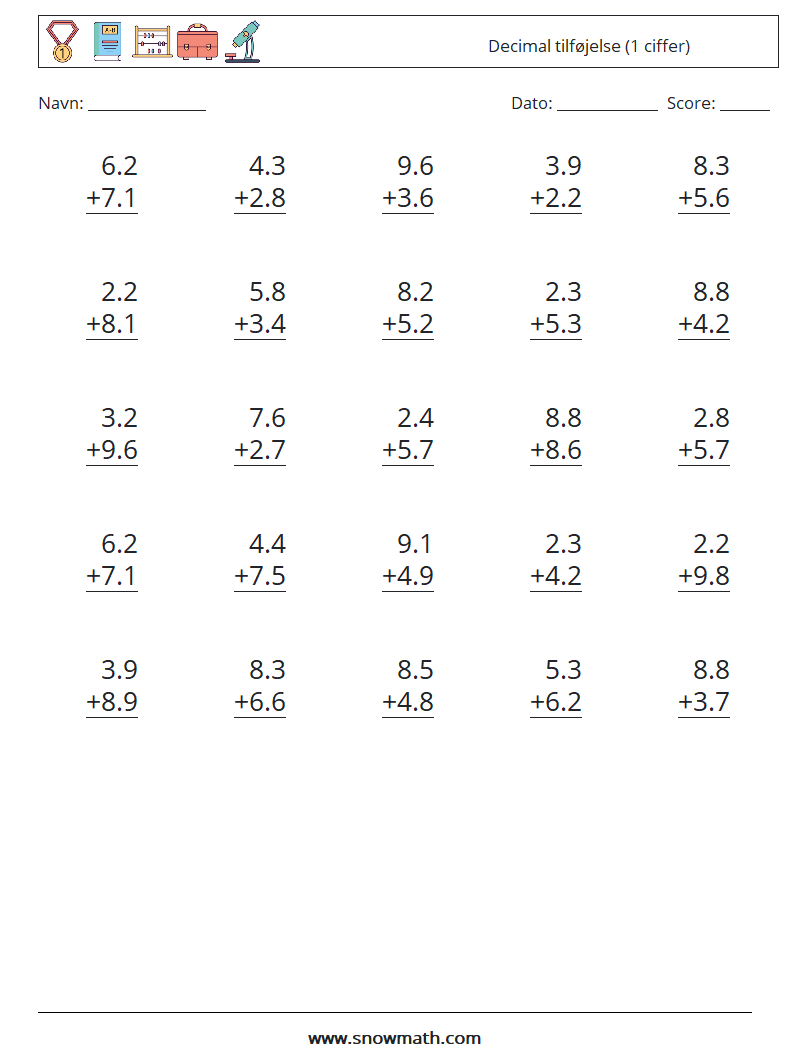 (25) Decimal tilføjelse (1 ciffer) Matematiske regneark 10