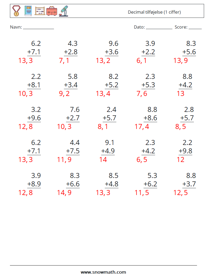 (25) Decimal tilføjelse (1 ciffer) Matematiske regneark 10 Spørgsmål, svar