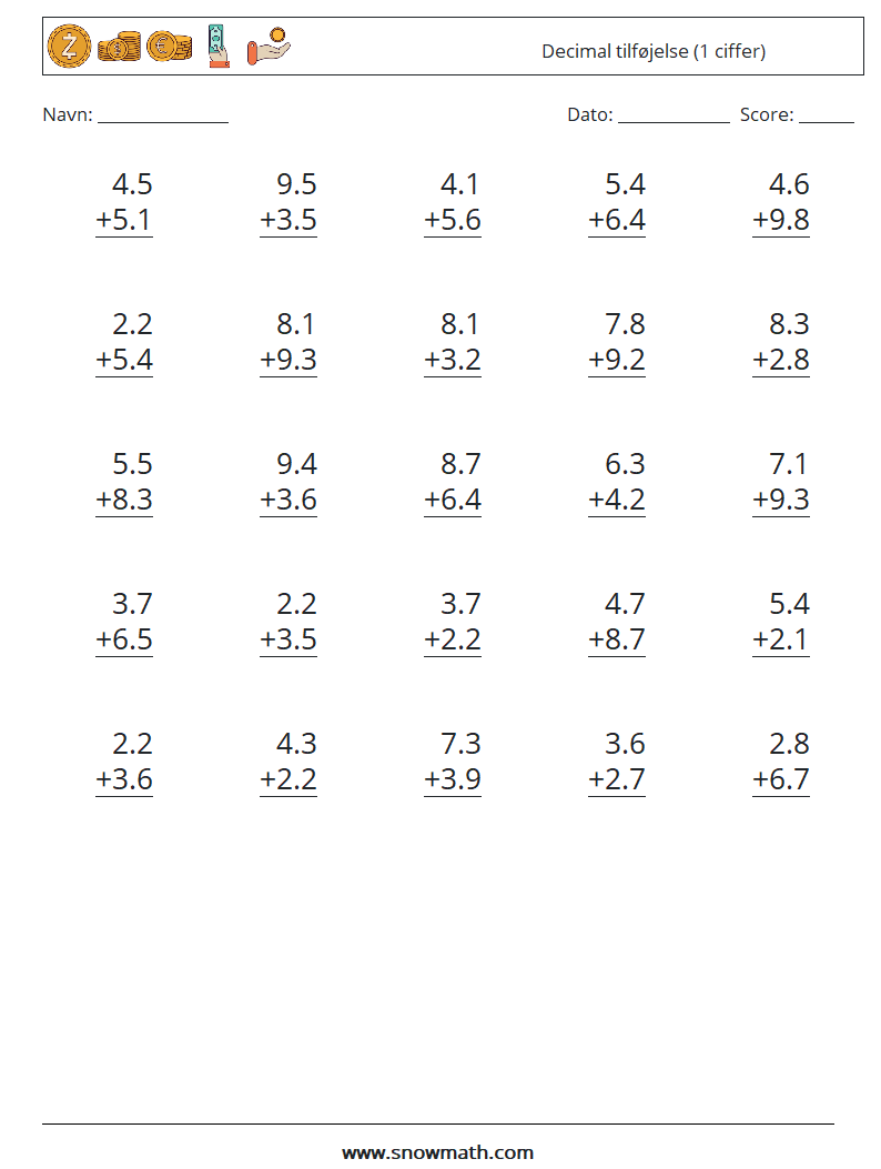 (25) Decimal tilføjelse (1 ciffer) Matematiske regneark 11