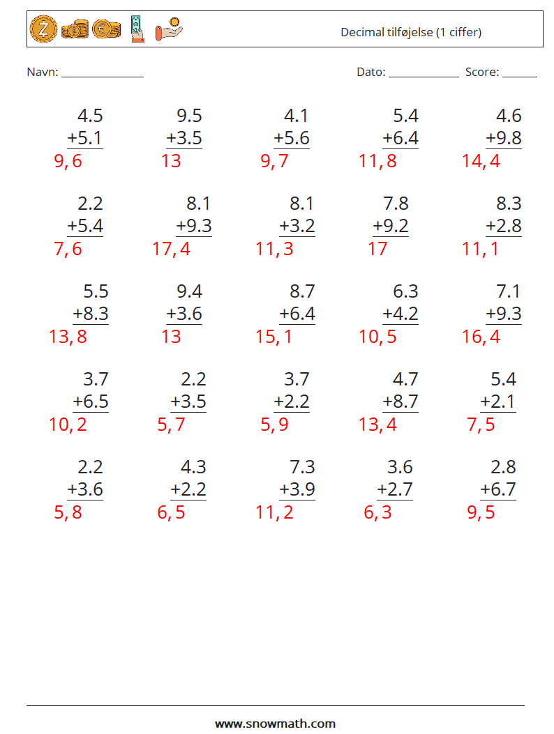 (25) Decimal tilføjelse (1 ciffer) Matematiske regneark 11 Spørgsmål, svar