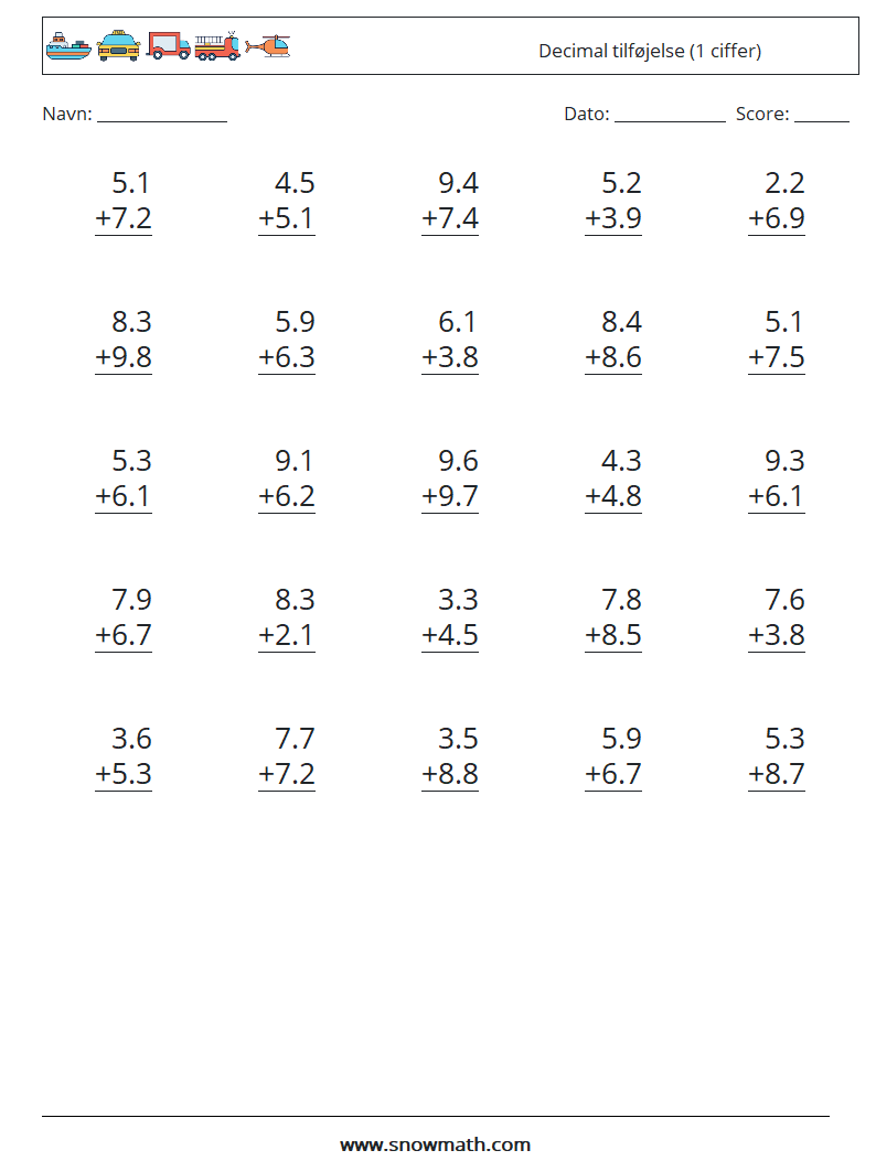 (25) Decimal tilføjelse (1 ciffer) Matematiske regneark 12