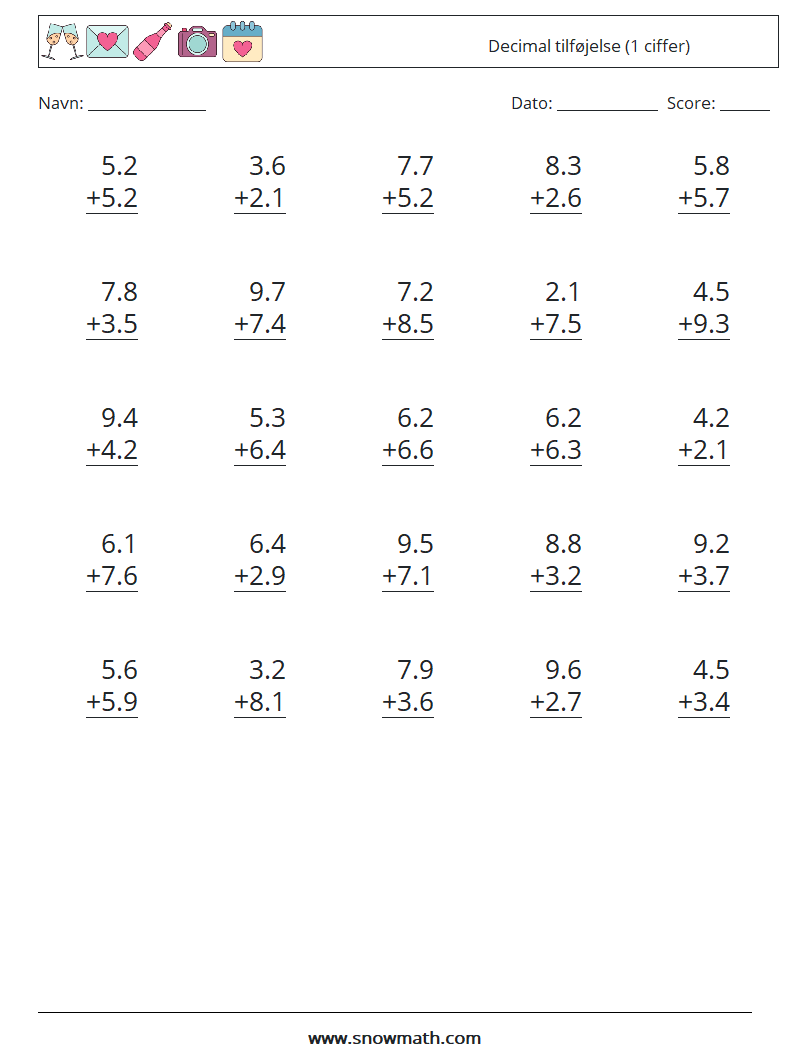 (25) Decimal tilføjelse (1 ciffer) Matematiske regneark 13
