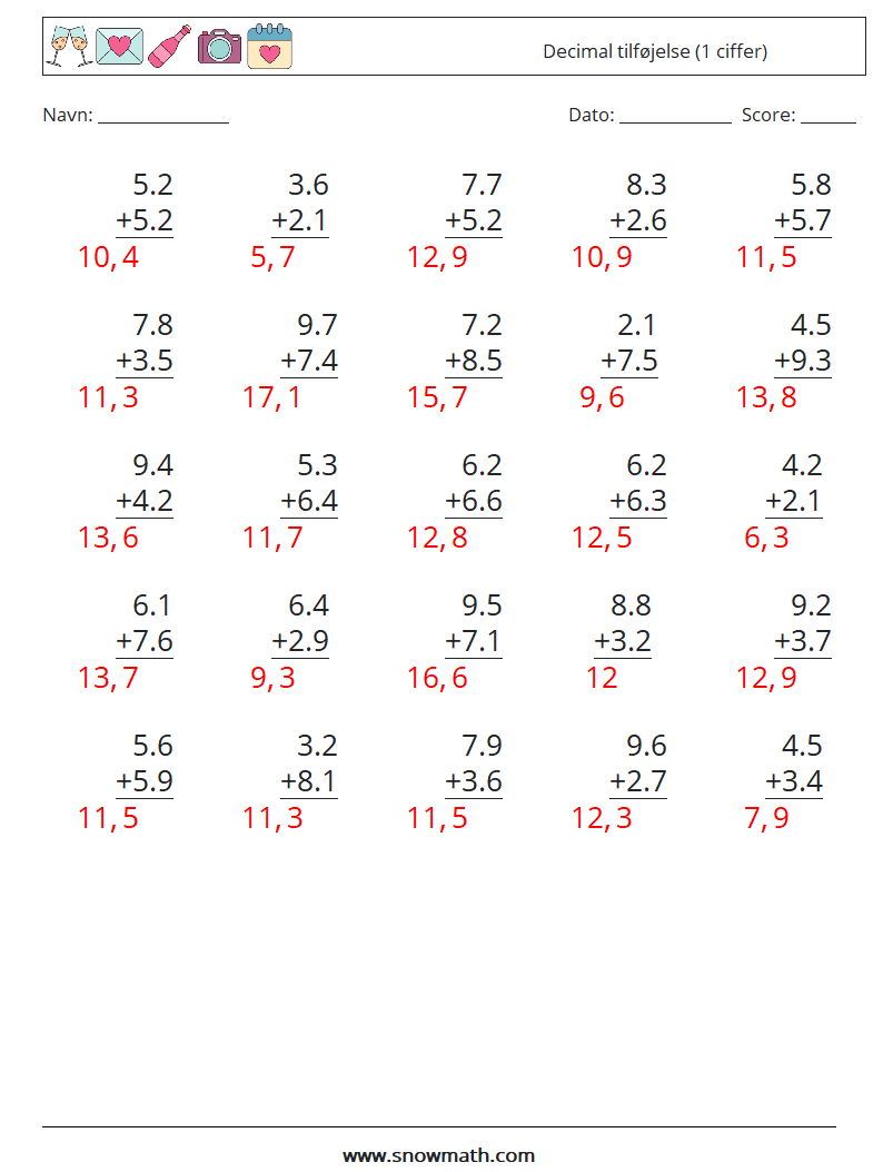 (25) Decimal tilføjelse (1 ciffer) Matematiske regneark 13 Spørgsmål, svar