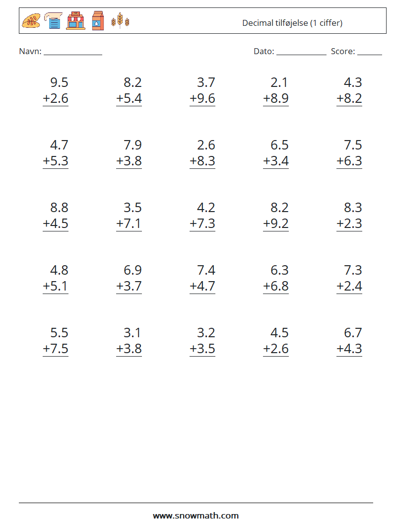 (25) Decimal tilføjelse (1 ciffer) Matematiske regneark 15