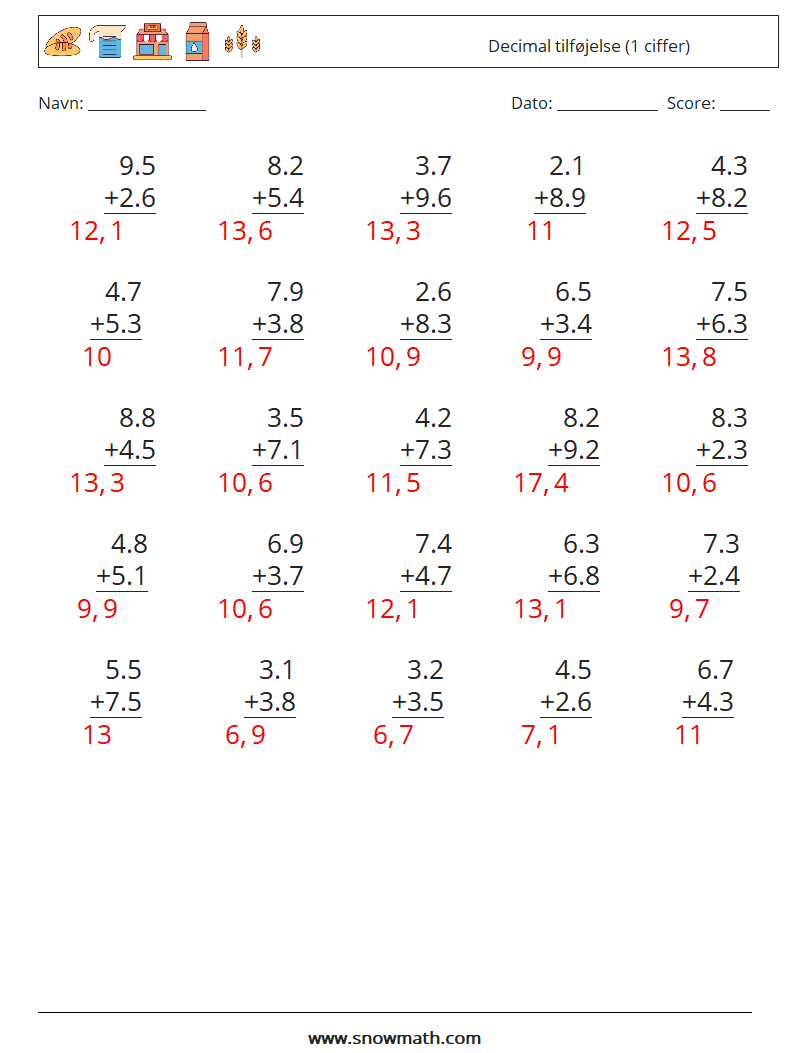 (25) Decimal tilføjelse (1 ciffer) Matematiske regneark 15 Spørgsmål, svar