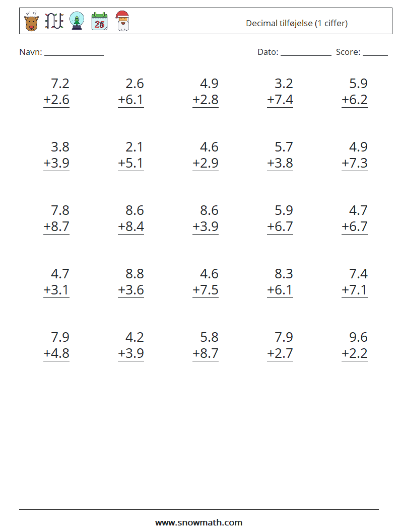 (25) Decimal tilføjelse (1 ciffer) Matematiske regneark 16