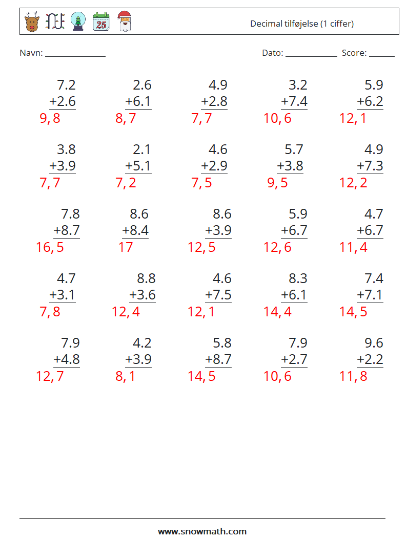 (25) Decimal tilføjelse (1 ciffer) Matematiske regneark 16 Spørgsmål, svar