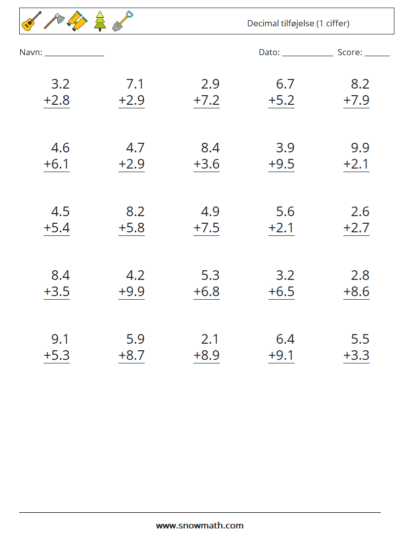 (25) Decimal tilføjelse (1 ciffer) Matematiske regneark 17