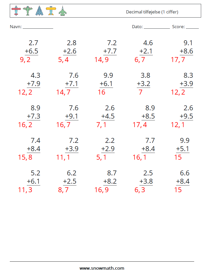 (25) Decimal tilføjelse (1 ciffer) Matematiske regneark 1 Spørgsmål, svar