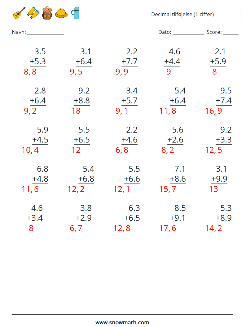 (25) Decimal tilføjelse (1 ciffer) Matematiske regneark 2 Spørgsmål, svar