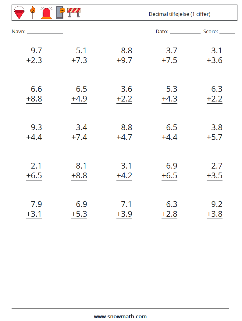 (25) Decimal tilføjelse (1 ciffer) Matematiske regneark 3