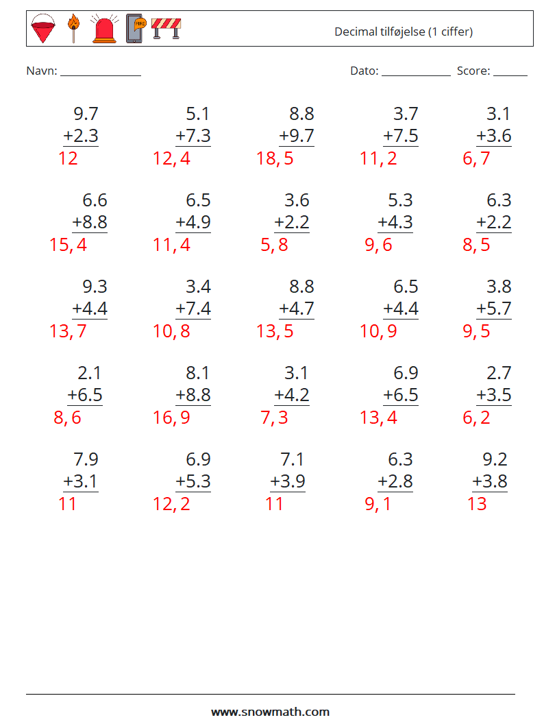 (25) Decimal tilføjelse (1 ciffer) Matematiske regneark 3 Spørgsmål, svar