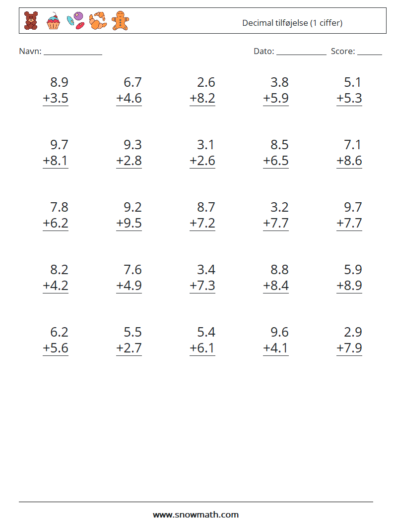 (25) Decimal tilføjelse (1 ciffer) Matematiske regneark 4