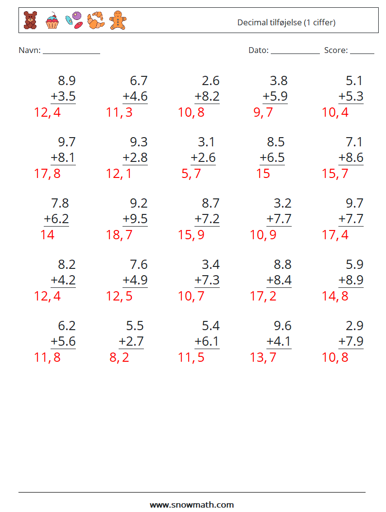 (25) Decimal tilføjelse (1 ciffer) Matematiske regneark 4 Spørgsmål, svar