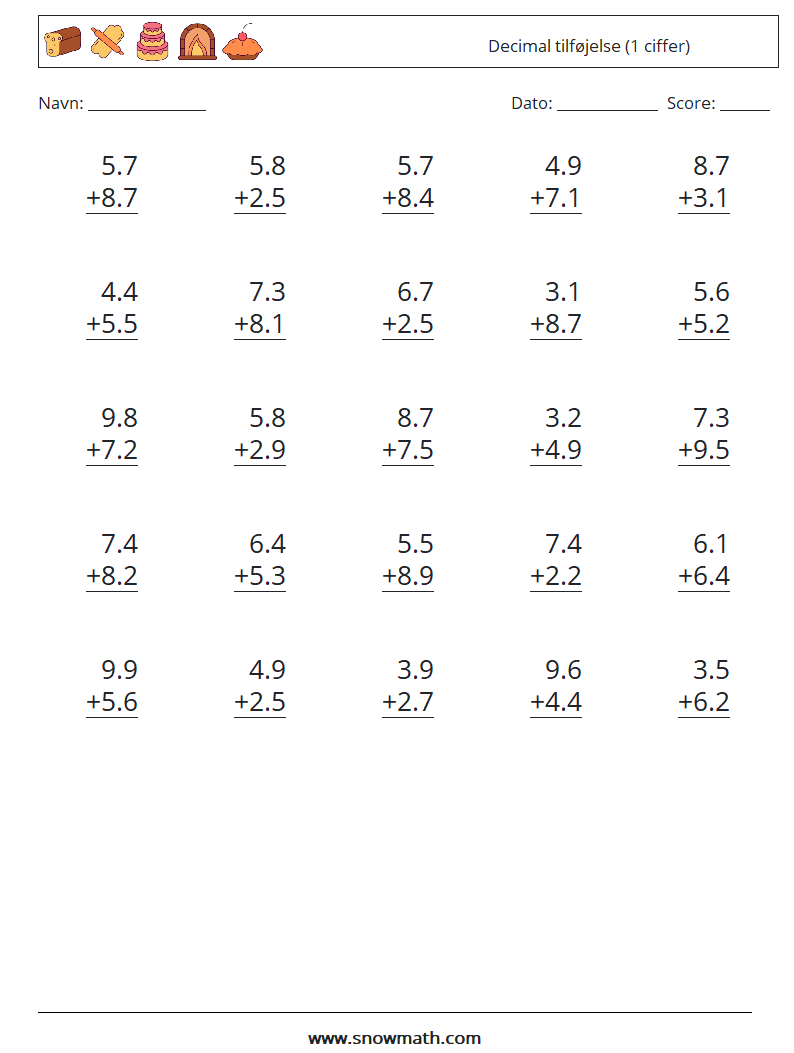 (25) Decimal tilføjelse (1 ciffer) Matematiske regneark 5