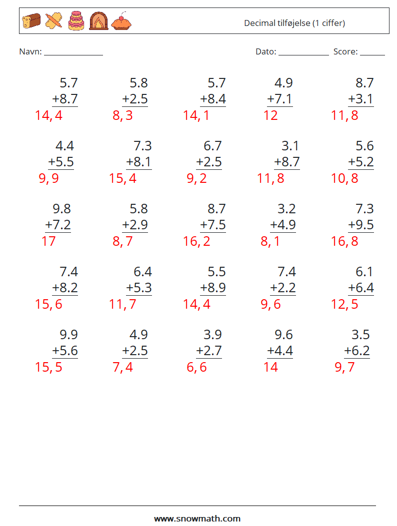 (25) Decimal tilføjelse (1 ciffer) Matematiske regneark 5 Spørgsmål, svar