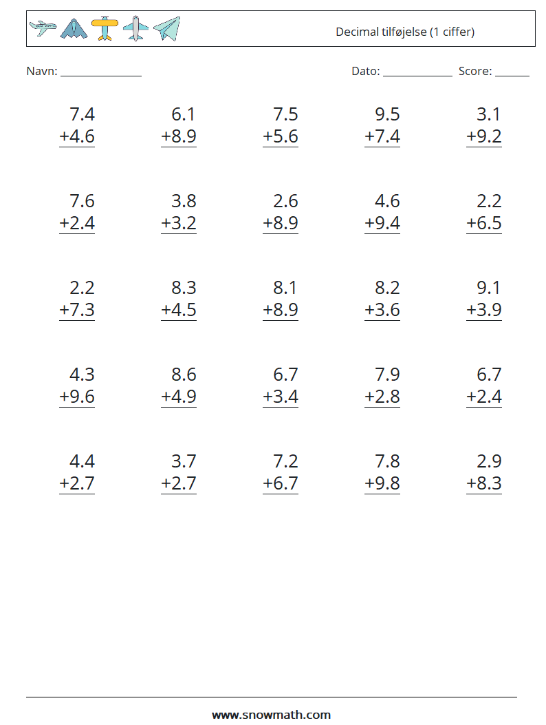 (25) Decimal tilføjelse (1 ciffer) Matematiske regneark 6