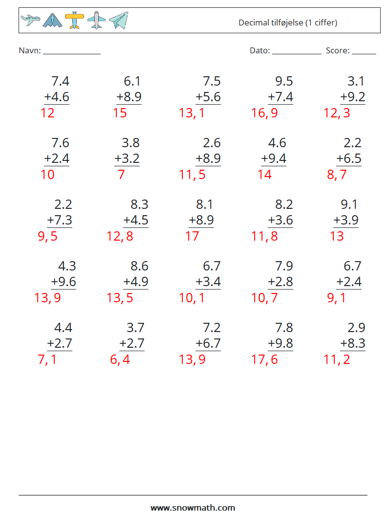 (25) Decimal tilføjelse (1 ciffer) Matematiske regneark 6 Spørgsmål, svar