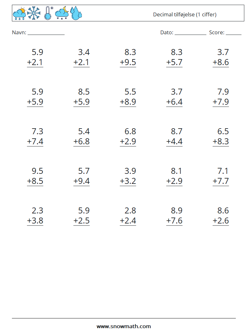 (25) Decimal tilføjelse (1 ciffer) Matematiske regneark 7