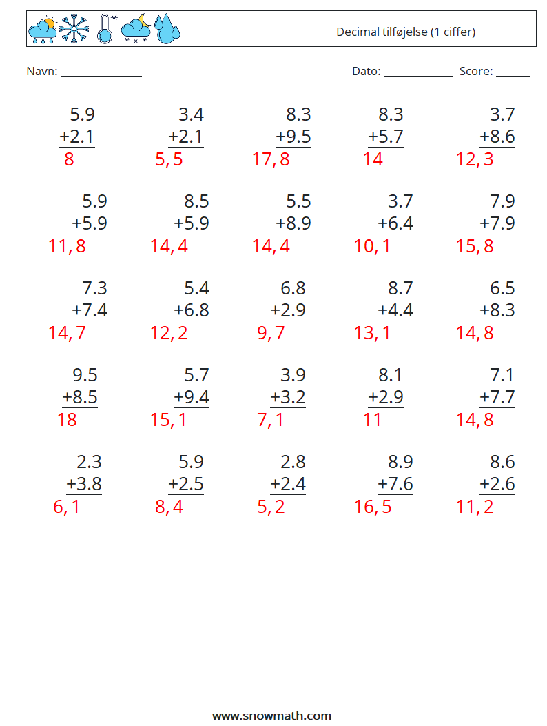 (25) Decimal tilføjelse (1 ciffer) Matematiske regneark 7 Spørgsmål, svar