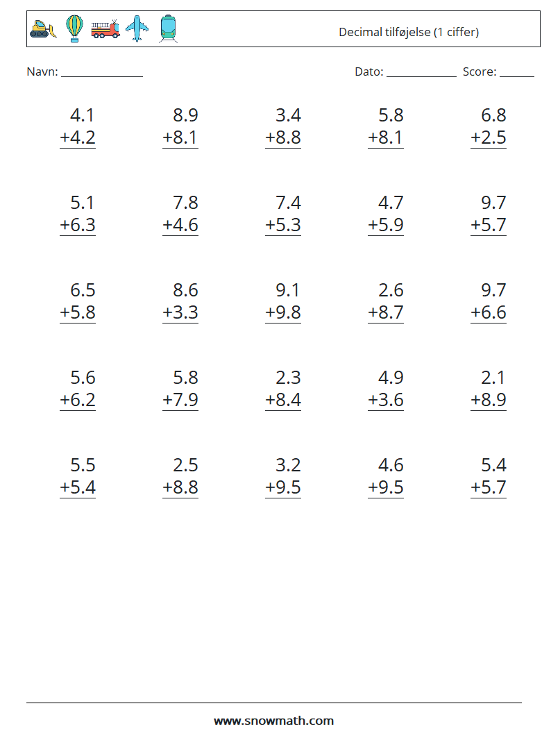 (25) Decimal tilføjelse (1 ciffer) Matematiske regneark 8