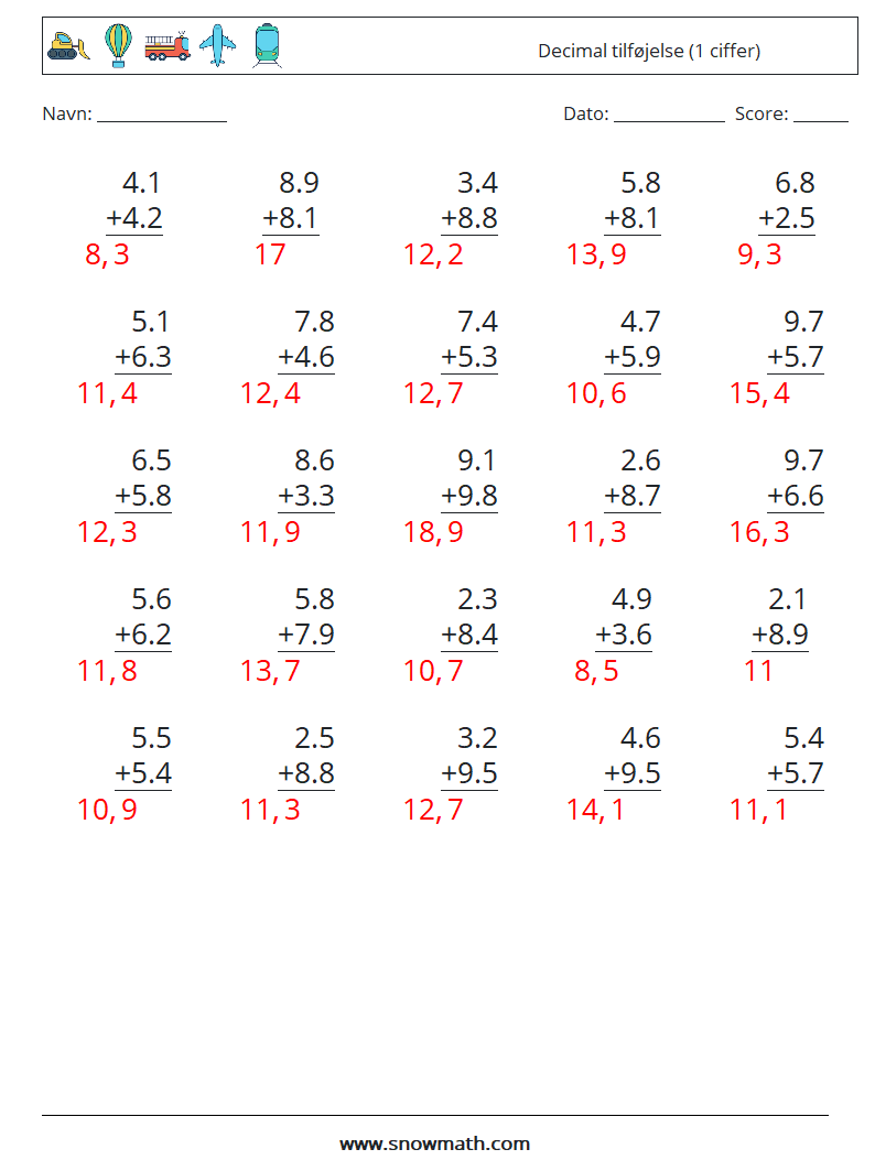 (25) Decimal tilføjelse (1 ciffer) Matematiske regneark 8 Spørgsmål, svar