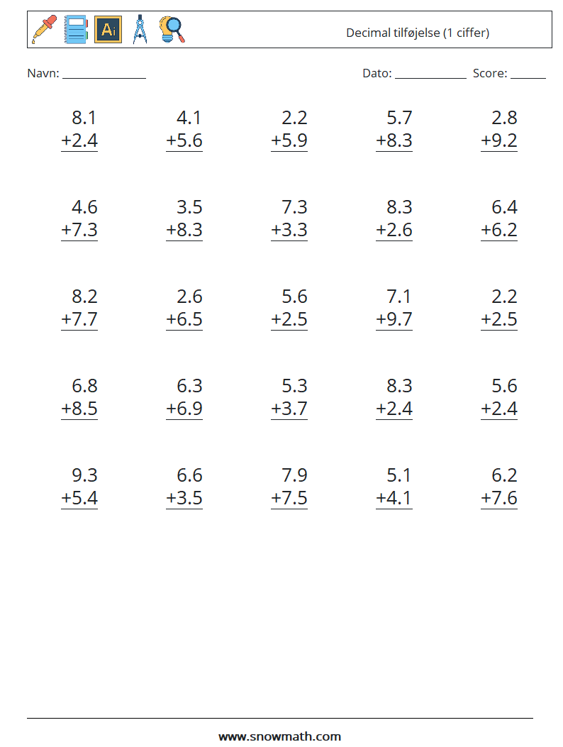 (25) Decimal tilføjelse (1 ciffer) Matematiske regneark 9