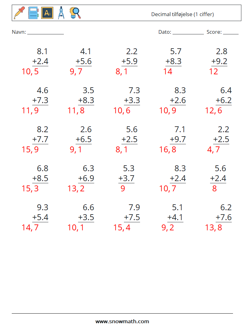 (25) Decimal tilføjelse (1 ciffer) Matematiske regneark 9 Spørgsmål, svar