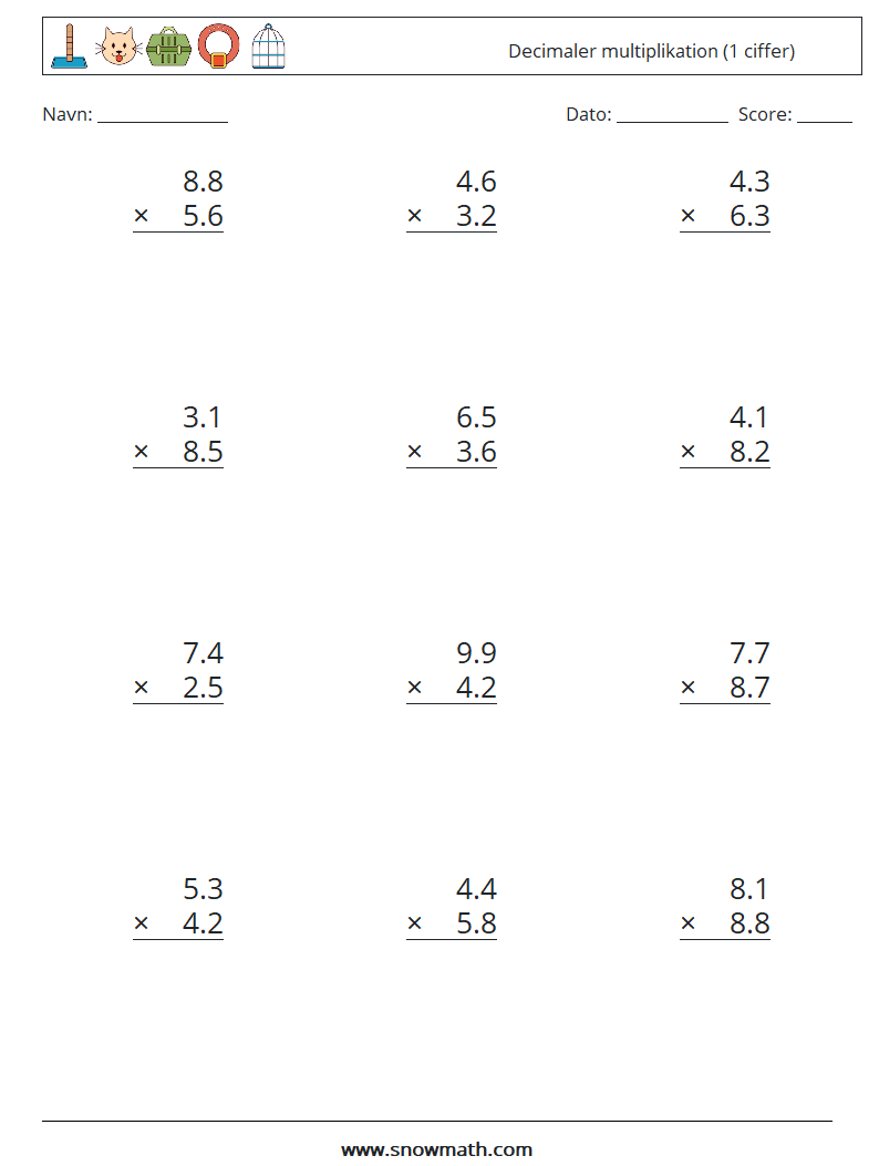 (12) Decimaler multiplikation (1 ciffer) Matematiske regneark 1