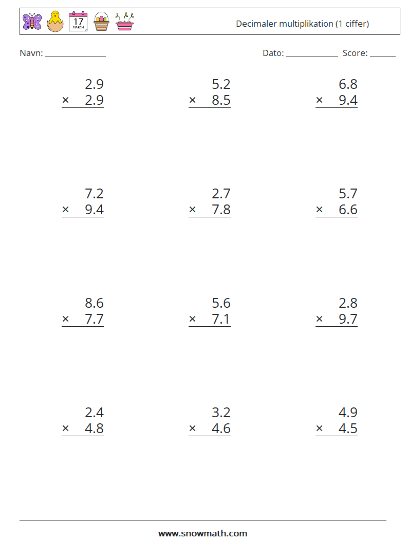 (12) Decimaler multiplikation (1 ciffer) Matematiske regneark 10