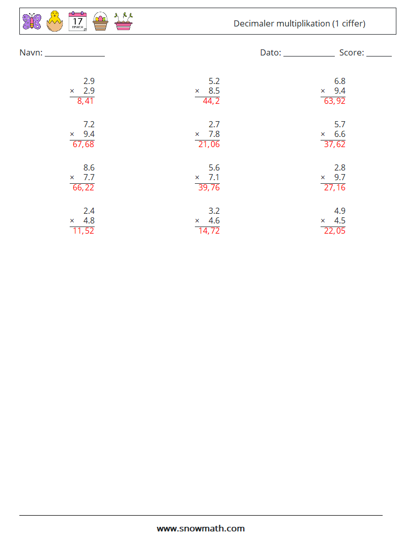 (12) Decimaler multiplikation (1 ciffer) Matematiske regneark 10 Spørgsmål, svar