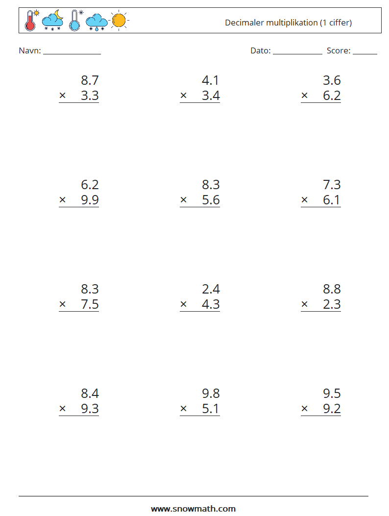 (12) Decimaler multiplikation (1 ciffer) Matematiske regneark 11