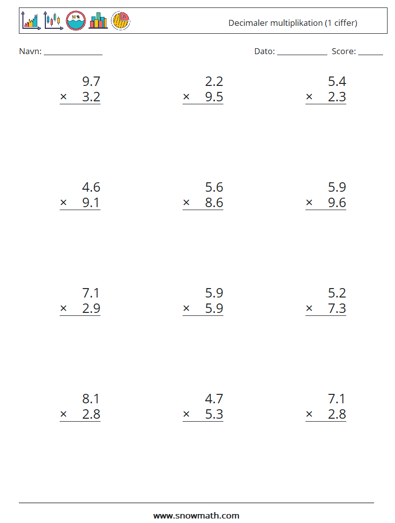 (12) Decimaler multiplikation (1 ciffer) Matematiske regneark 12