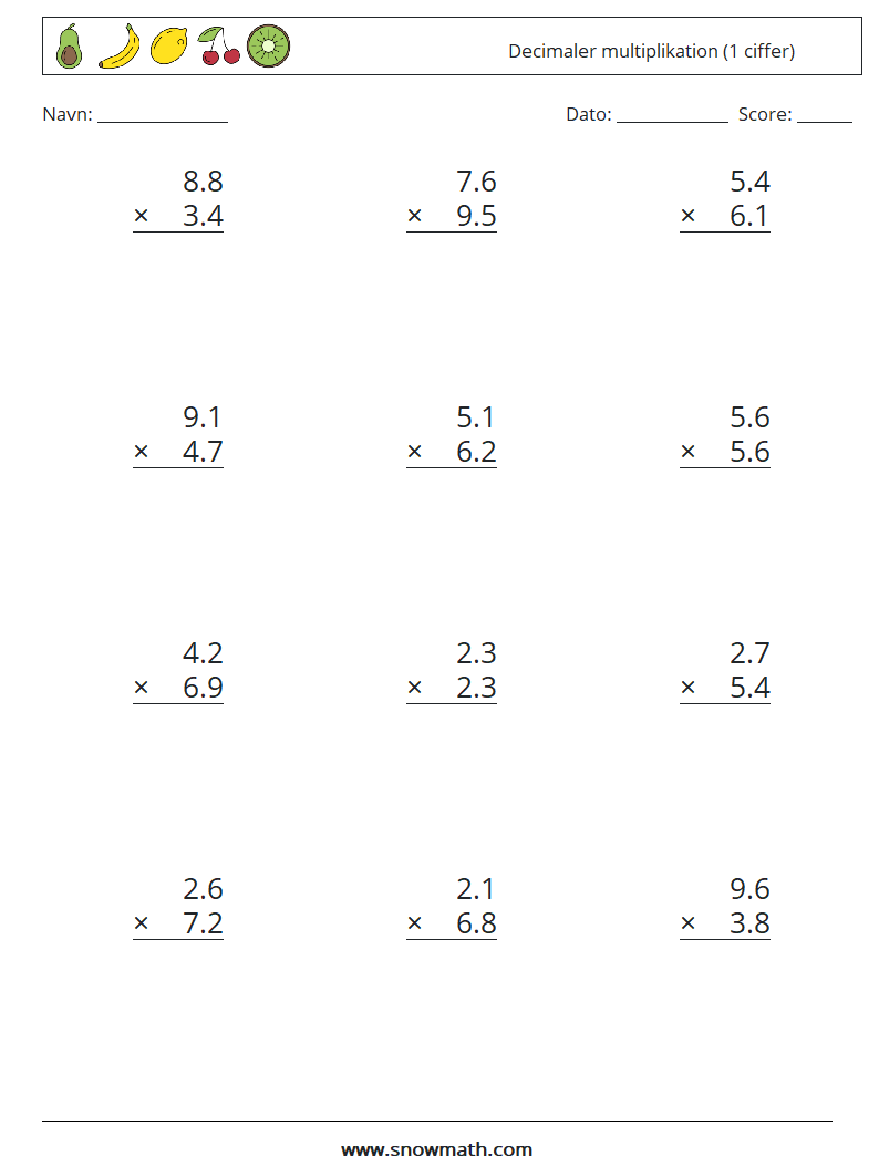 (12) Decimaler multiplikation (1 ciffer) Matematiske regneark 13