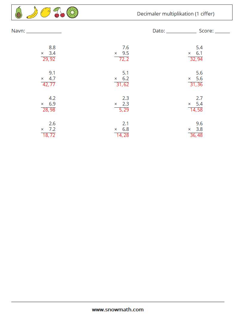 (12) Decimaler multiplikation (1 ciffer) Matematiske regneark 13 Spørgsmål, svar
