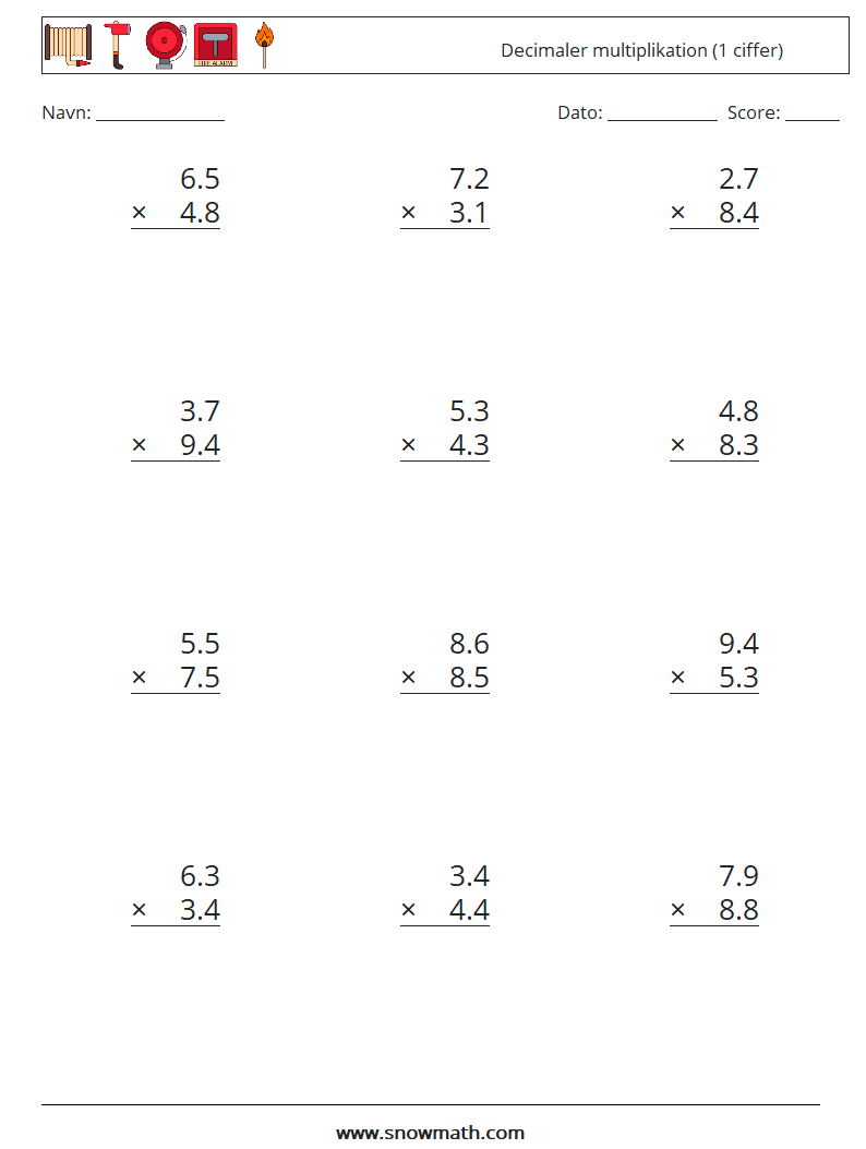 (12) Decimaler multiplikation (1 ciffer) Matematiske regneark 15