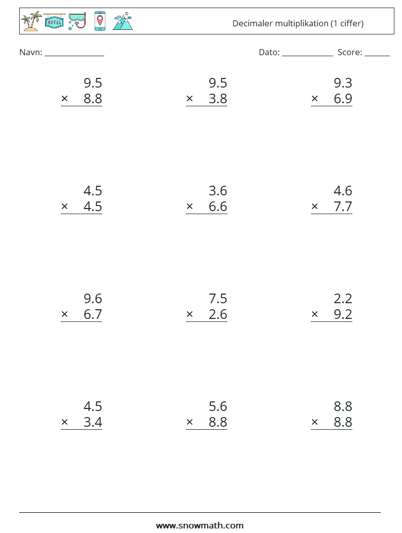 (12) Decimaler multiplikation (1 ciffer) Matematiske regneark 17