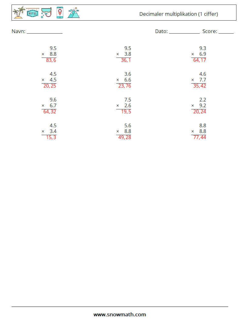 (12) Decimaler multiplikation (1 ciffer) Matematiske regneark 17 Spørgsmål, svar