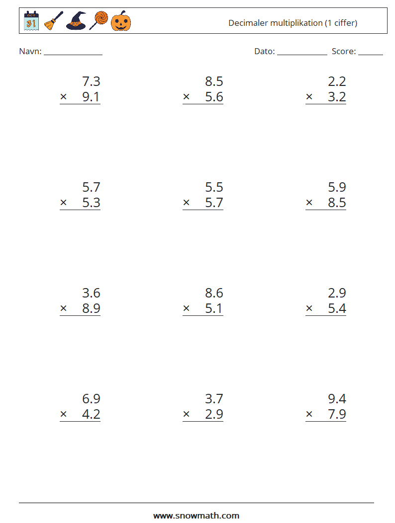 (12) Decimaler multiplikation (1 ciffer) Matematiske regneark 18