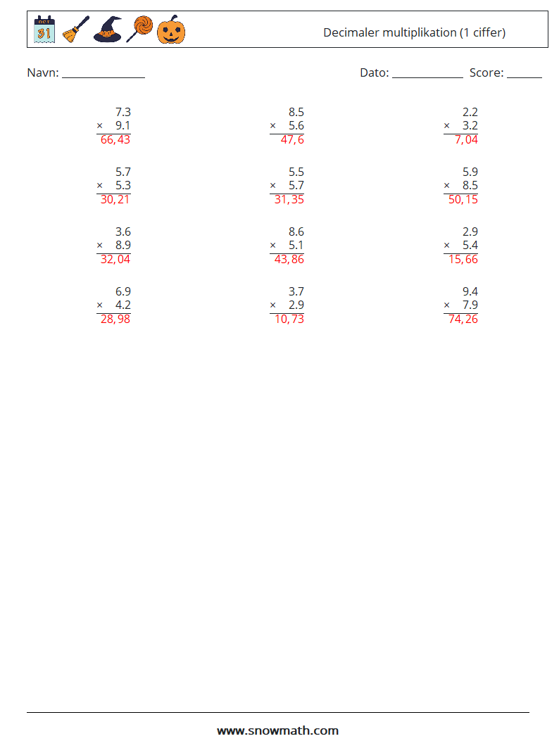 (12) Decimaler multiplikation (1 ciffer) Matematiske regneark 18 Spørgsmål, svar