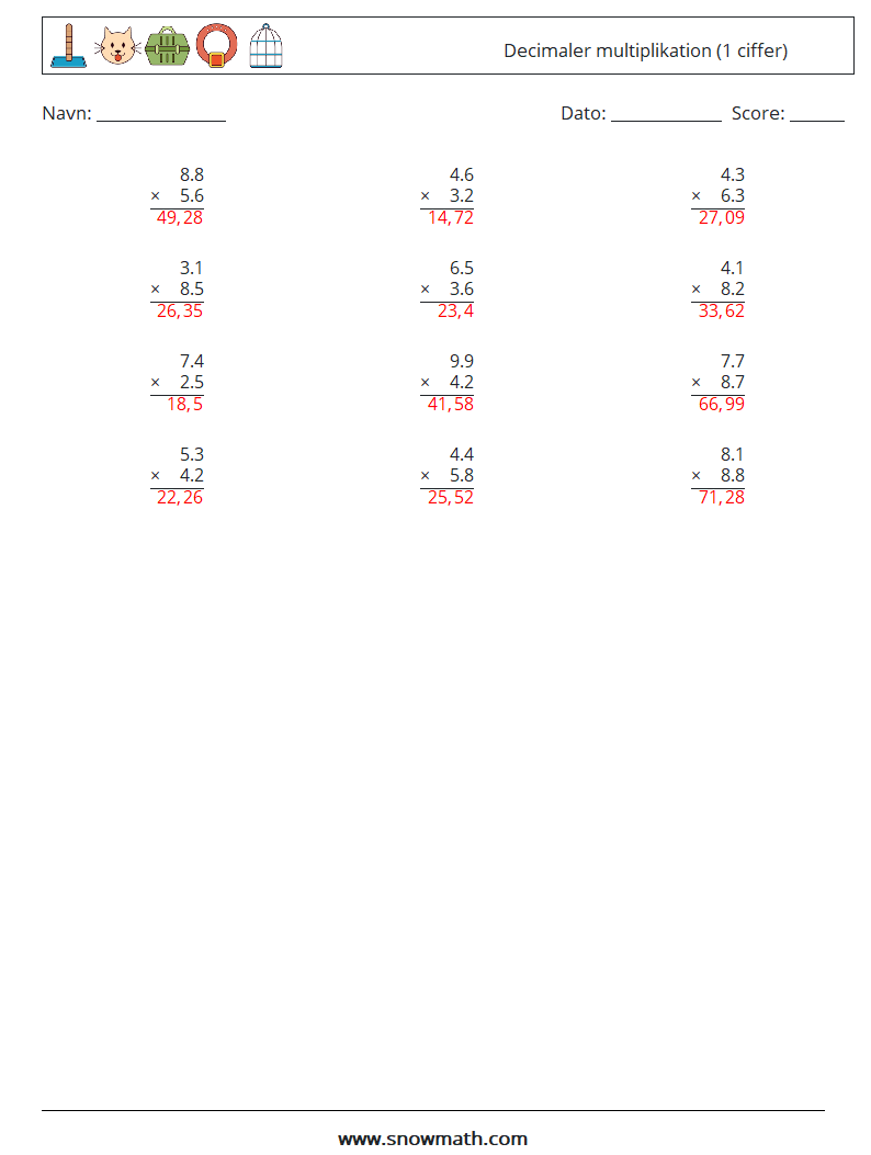 (12) Decimaler multiplikation (1 ciffer) Matematiske regneark 1 Spørgsmål, svar