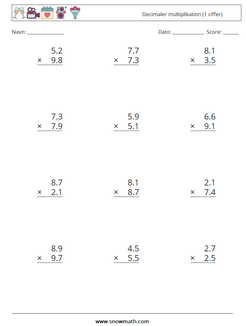 (12) Decimaler multiplikation (1 ciffer) Matematiske regneark 2