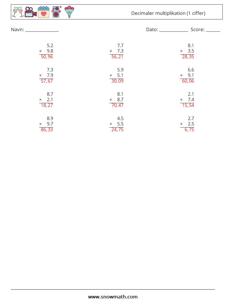 (12) Decimaler multiplikation (1 ciffer) Matematiske regneark 2 Spørgsmål, svar